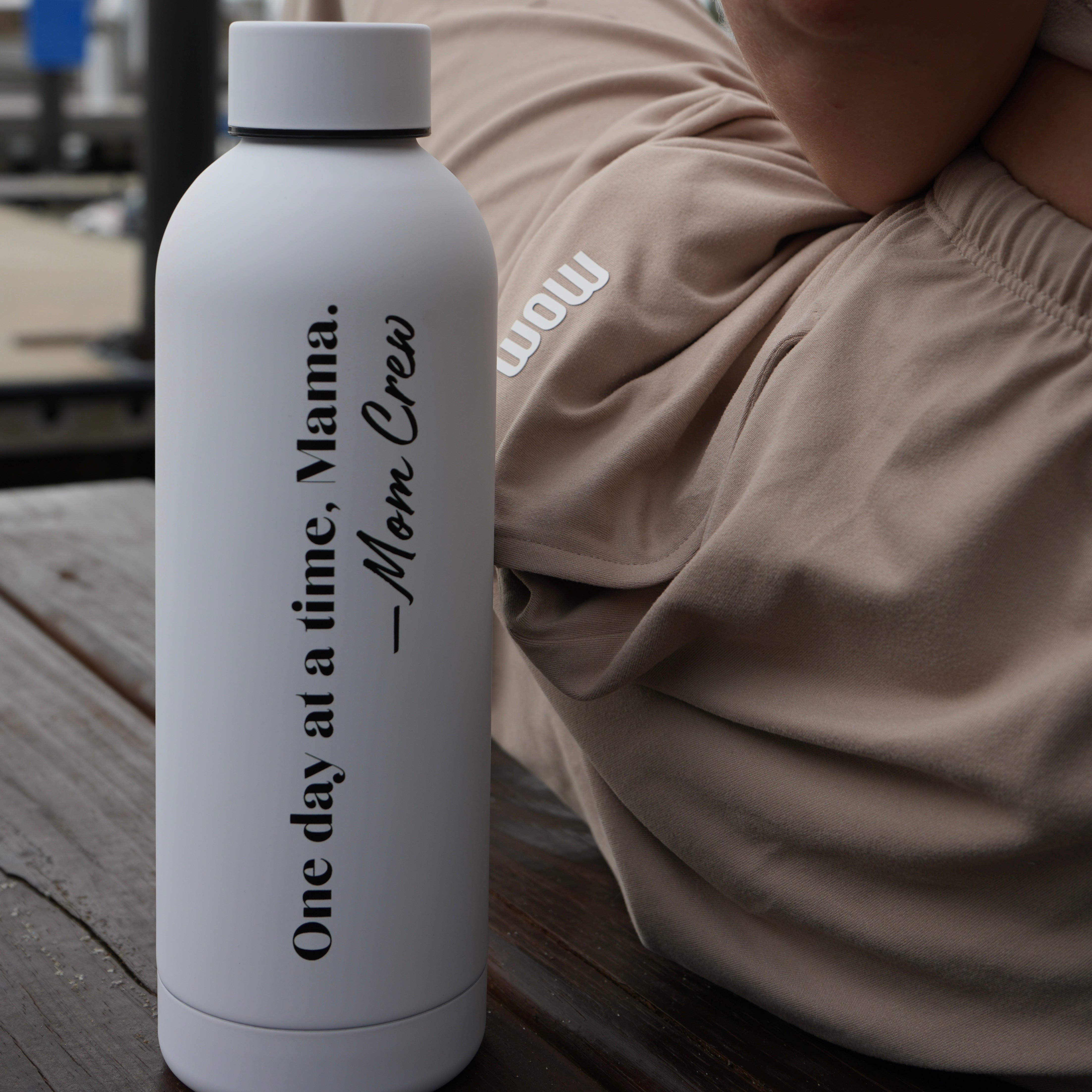 Mom Crew “One day at a time, Mama.” Water Bottle in Classic White
